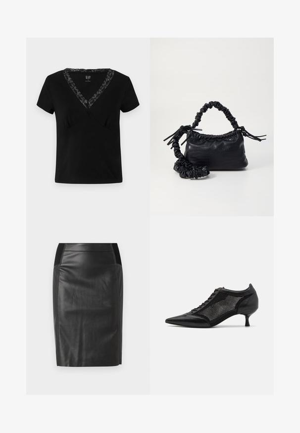Black short-sleeve V-neck t-shirt made of cotton, featuring a lace accent along the neckline and a fitted silhouette.; Black leather pencil skirt with a fitted design, smooth texture, and elastic waistband accents on both sides. Flat hem at the bottom.; Black pointed-toe shoe with a mesh panel design, featuring a low heel and lace-up front. Made from a combination of leather and mesh material.; Black faux leather handbag with a crocodile texture, cinched top, and a scrunched strap. Appears soft and compact in design.