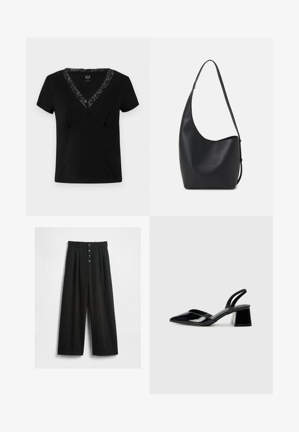 Czarny krótki rękaw V-neck t-shirt wykonany z bawełny, z koronkowym akcentem wzdłuż dekoltu i dopasowanym krojem.; Szerokie czarne spodnie wykonane z teksturowanej tkaniny. Posiadają wysoki stan, zapięcie na pięć guzików z przodu oraz prasowane fałdy dla dodatkowego detalu.; Czarne lakierowane półbuty na obcasie z wydłużonym noskiem i geometrycznym słupkiem. Charakteryzują się eleganckim, minimalistycznym designem oraz gładką fakturą.; Czarna skórzana torba hobo o gładkiej fakturze, zaokrąglonym kształcie i pojedynczym, regulowanym pasku; posiada szerokie otwarcie na górze.