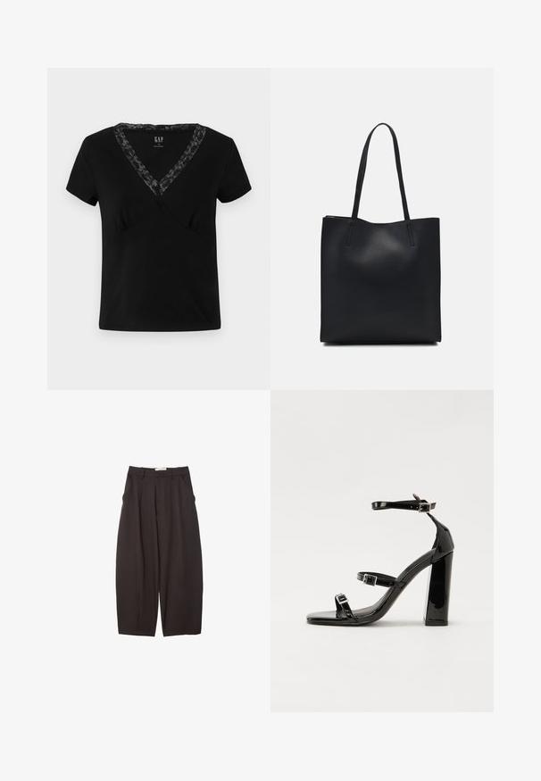 Sort kortærmet V-hals t-shirt lavet af bomuld, med en blonderdetalje langs halsudskæringen og en tætsiddende silhuet.; Sorte brede bukser lavet af et glat stof, med høj talje, forfaldne folder og sidelommer. Simpelt design uden udsmykninger.; Sorte patenterede hælsandaler med firkantet tå, ankelremme og sølvspænder. Har en chunky blokHæl for stabilitet.; Sort læder tote taske med glat tekstur, rektangulær form og to lange hanke. Ingen synlig hardware eller udsmykninger.