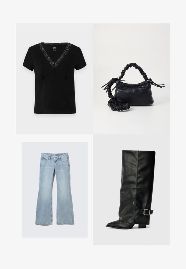 Melnas īsām piedurknēm V-veida kakla T-kreklas, izgatavots no kokvilnas, ar mežģīņu akcentu ap kakla izgriezumu un piegulstošu siluetu.; Weekday NOVA - Pieguloša piegriezuma džinsi - lip blue; Melni ādas potītes zābaki ar asu purngalu, gludu virsmu un sudraba sprādzi uz sāniem. Masīvs kvadrātveida papēdis.; Melnā mākslīgās ādas rokassoma ar krokodila rakstu, savilkta augšdaļa un saburzīta siksna. Izskatās mīksta un kompakta pēc dizaina.