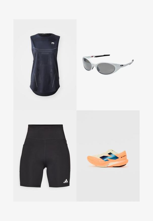 Ärmelloses Sportoberteil aus navyblauem Stoff. Mit Netzperforationen und weißen Akzentlinien. Abgerundeter Saum und ein Logo auf der Brust. Größe: Klein.; Schwarze Sportshorts aus dehnbarem Material. Hoher Bund, Oberschenkel-lange, mit weißem drei Streifen-Logo auf der unteren linken Seite.; Laufschuh mit einem leichten cremefarbenen Obermaterial, blauer Markenkennung und orangefarbenen Akzenten an der Sohle. Mesh-Struktur für Atmungsaktivität.; Weiße Kunststoff-Sonnenbrille mit großen, ovalen Gläsern in grauer Tönung. Verfügt über schwarze Ohrpolster und ein kleines Logo am Rahmen. Glatte Oberfläche.