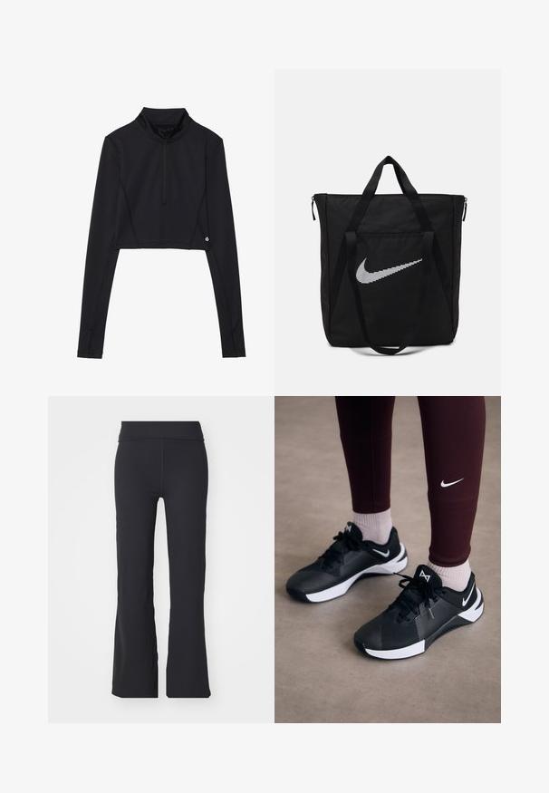Black cropped long-sleeve top with a high collar, featuring a quarter zip closure and stitched detailing along the sleeves and hem.; Black flared pants made of stretchy fabric with a high waistband. Features clean lines and a smooth texture, suitable for casual wear.; Black athletic shoes with a textured upper and white accents, featuring laces and a side logo. Worn with maroon leggings and light socks.; Black nylon tote bag with two sturdy handles and zip closure. Features a prominent white Nike swoosh logo in a horizontal striped design.