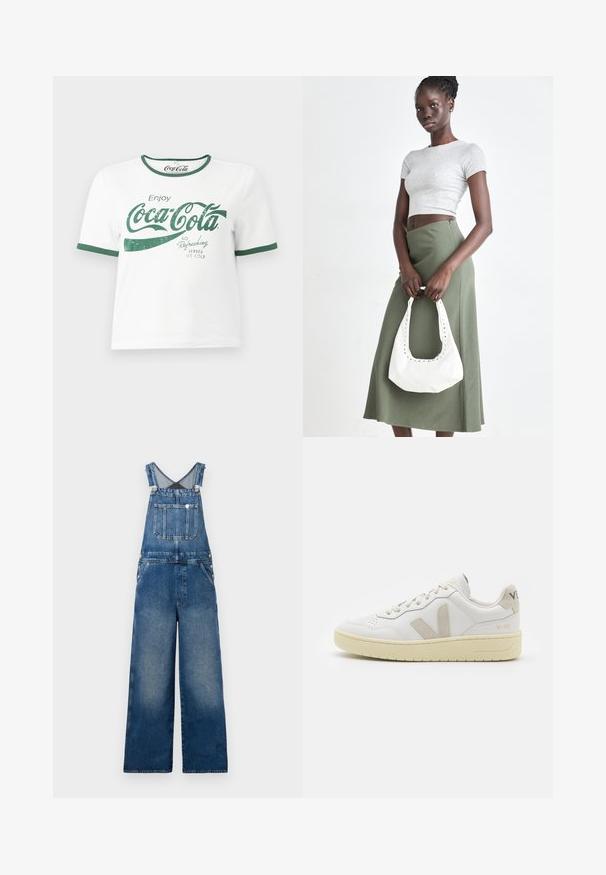 Tricou alb din bumbac cu guler și manșete verzi, prezentând un text grafic Coca-Cola uzat în verde.; Salopete din denim cu picioare largi, bretele ajustabile, un buzunar frontal și detalii cu nasturi pe laterale. Albastre închise cu accente decolorate.; Pantofii sport din piele albă cu accente din suede bej, cutie pentru degete perforată, șireturi plate și o talpă texturată de crem. Prezintă branding subtil pe călcâi.; Crop top griș cu dungi și fustă verde măsliniu cu talie înaltă. Modelul ține o geantă albă de umăr cu detalii tăiate. Design simplu, siluetă ajustată.