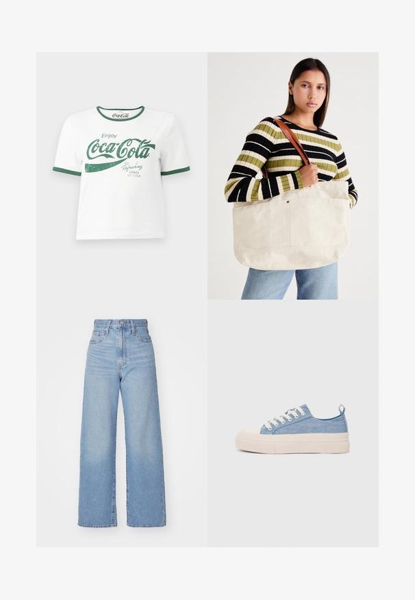T-shirt bianco in cotone con collo e polsini verde, caratterizzato da una grafica testuale Coca-Cola usurata in verde.; Jeans a vita alta blu chiaro con gamba larga, chiusura frontale con bottone e zip, tasche anteriori e posteriori, su uno sfondo bianco.; Sneakers di tela blu chiaro con punta e suola in gomma crema, dotati di lacci bianchi e un cinturino sul tallone.; Grande borsa in tela beige con manici in pelle marrone, caratterizzata da un design minimal e dettagli di cucitura visibili.