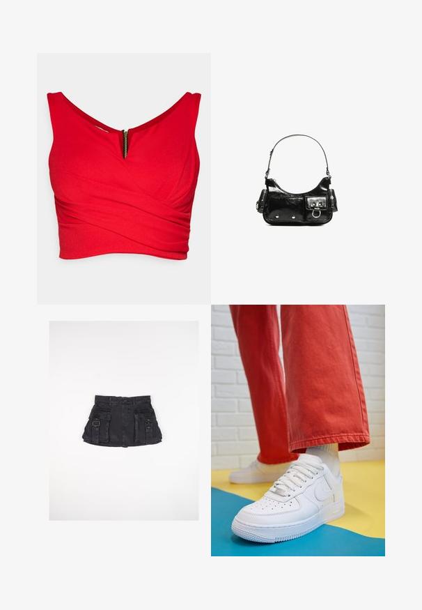Top roșu scurt confecționat dintr-un material neted, cu decolteu adânc în V, având un design înfășurat diagonal și un fermoar aurit vizibil în față.; Fustă mini din denim negru cu două buzunare frontale, catarame laterale și talie ajustată. Prezintă o textură netedă și un tiv drept.; Tenis alb din piele cu fanta pe vârful piciorului, talpă texturată și șireturi albe, purtat cu pantaloni larga roșii și un fundal albastru și galben.; Geantă de mână din piele lăcuită neagră, cu o formă curbată, un umăr, buzunare frontale și accente din metal argintiu.