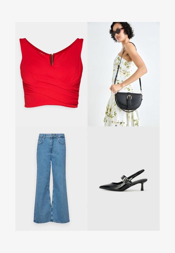 Red crop top made of smooth fabric with a deep V-neckline, featuring a diagonal wrap design and a visible gold zip closure at the front.; Light blue flared jeans made of denim, featuring a high waist, five pockets, and a single button closure. Soft texture with faded finish.; Black patent leather slingback heels with a pointed toe and a small block heel, featuring a silver buckle accent on the strap.; Black leather handbag with a curved shape, detachable strap, and gold hardware. The bag features a flap with a buckle detail.