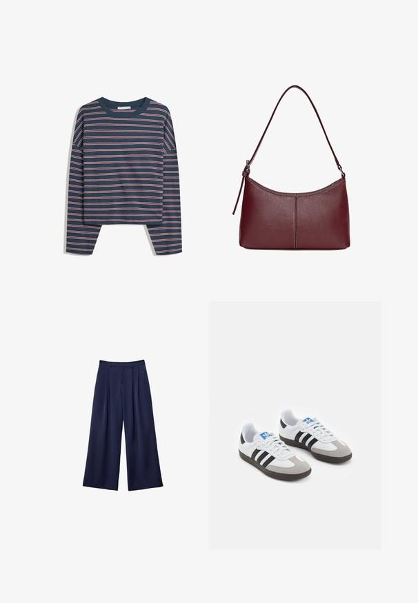 Marineblå langærmet top med hvide og lyserøde vandrette striber; rund hals; afslappet pasform; blødt stof; sideslids i sømmen for nem bevægelse.; Marineblå brede bukser med plyser, knappet talje og bæltestropper, vist fladt på en hvid baggrund.; Sportsko med en overdel i hvid læder, grå ruskind på tåen og tre sorte striber. Har et blåt logo på tungen og en struktureret gummisål.; Kastanjebrun læderhåndtaske med en buet form, en enkelt skulderrem og syninger i midten. Glat tekstur, minimal hardware.