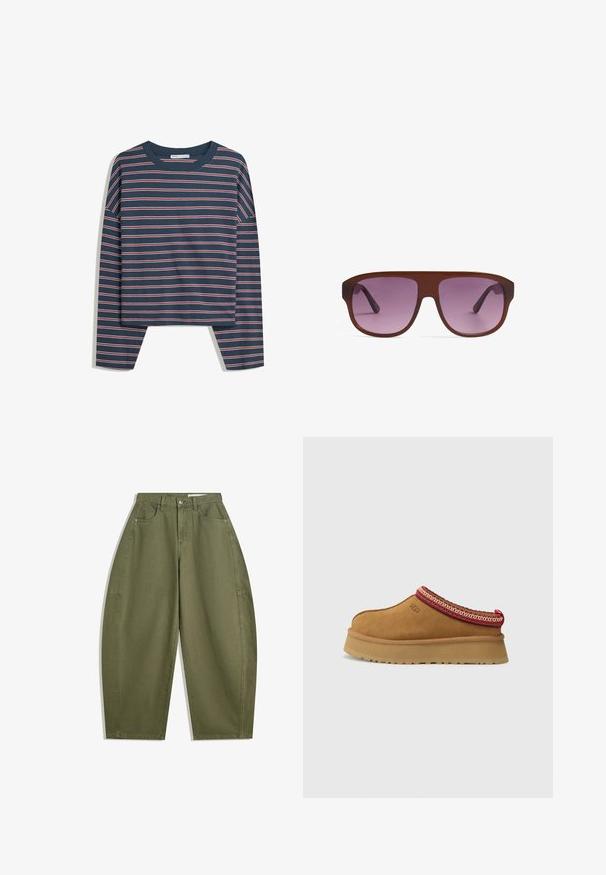 Mornarsko modra majica z dolgimi rokavi z belimi in rožnatimi vodoravnimi črtami; okrogla ovratnica; sproščen kroj; mehak material; stranski razporki na robu za lažje gibanje.; Oliveno zeleni široki hlače iz bombaža, z visokim pasom, sprednjimi žepi in gladko teksturo. Brez okrasnih elementov ali vzorcev.; Rjavi suede natikači z rdečo in smetano obrobo z vzorcem, teksturiranimi podplati in logotipom UGG na strani. Imajo rahlo povišano platformo.; Brou šali z veliko pravokotno obliko in z gradientnimi vijoličnimi lečami. Ročaji so elegantni in nadaljujejo barvo okvirja.