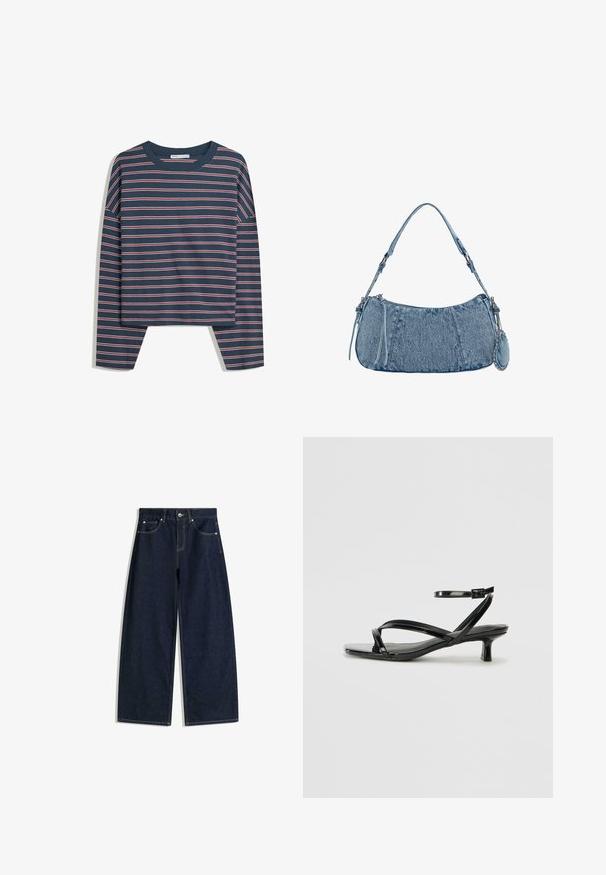 Tengerészkék hosszúujjú felső fehér és rózsaszín vízszintes csíkokkal; kerek nyakú; laza szabás; puha anyag; oldalsó hasítékok az alján a könnyebb mozgás érdekében.; Sötétkék, széles szárú farmernadrág elején zsebekkel, gombos záródással és látható varrással, fehér háttéren.; Fekete lakkbőr szandál alacsony sarkú kivitelben, keresztbe tett pántokkal és állítható bokaheggyel. Simább, fényes felület.; Farmer táska ívelt formával, világoskék színben, állítható vállpánttal és egy kis levehető tasakkal, fémes részletekkel.