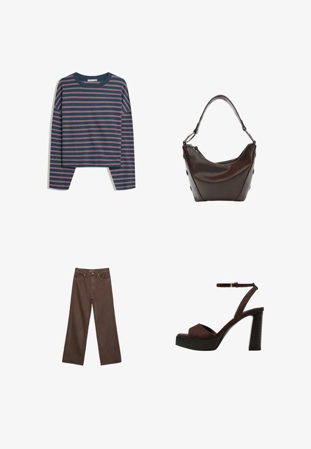 Námořnický dlouhý rukáv s bílými a růžovými vodorovnými pruhy; kulatý výstřih; volný střih; měkká látka; boční rozparky na lemu pro snadný pohyb.; Hnědé džíny s širokými nohavicemi vyrobené z denimu, s vysokým pasem, předními kapsami a klasickým zapínáním na knoflík. Hladká textura s jemným švem.; Hnědé semišové sandály na vysokém podpatku s otevřenou špičkou, nastavitelným páskem kolem kotníku a proužkovou platformou.; Tmavě hnědá kožená kabelka s oblým tvarem, na zip a s krátkým uchopovacím držadlem. Obsahuje kovové detaily a dekorativní černé knoflíky po stranách.