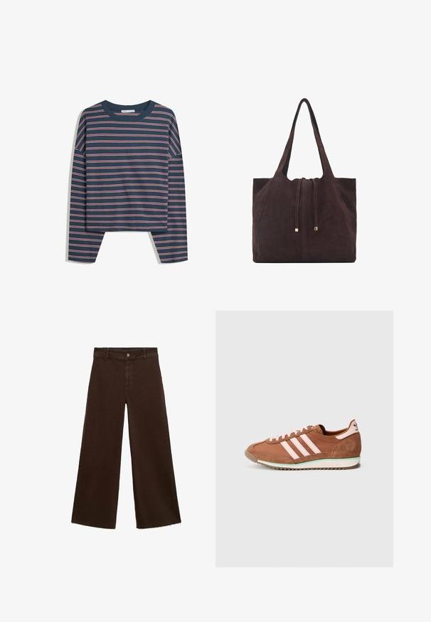 Mornarska majica dugih rukava s horizontalnim prugama u bijeloj i ružičastoj boji; okrugli izrez; opušteni kroj; mekana tkanina; bočni prorezi na rubu za lakše kretanje.; Smeđe široke hlače od pamuka, s raspucanim rubom, prednjim kopčanjem na dugme i klasičnim dizajnom s pet džepova. Minimalističke i svestrane.; Smeđa i ružičasta Adidas tenisica s antilop detaljima, tri ružičaste pruge sa strane i bijelim đonom sa zelenim naglaskom.; Mango Velika torba - dark brown