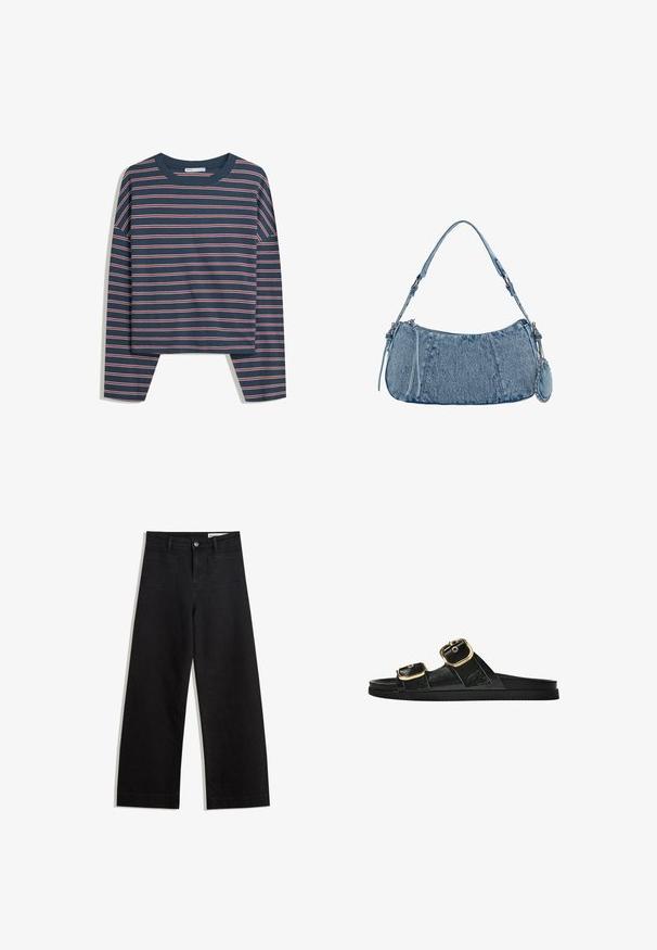 Mornarska majica dugih rukava s horizontalnim prugama u bijeloj i ružičastoj boji; okrugli izrez; opušteni kroj; mekana tkanina; bočni prorezi na rubu za lakše kretanje.; Crne široke traperice s visokim strukom, s prednjim i stražnjim džepovima, šivenim šavovima i kopčanjem na gumb. Glatka tekstura.; Crne sandale na klizanje s dva zlatna akcenta u obliku kopči, glatkog teksturiranog materijala, ravnim potplatom i minimalističkim dizajnom.; Denimska torba s zakrivljenim oblikom, svijetloplave boje, podesivim remenom za rame i malim odvojivim džepom s metalnim akcentima.