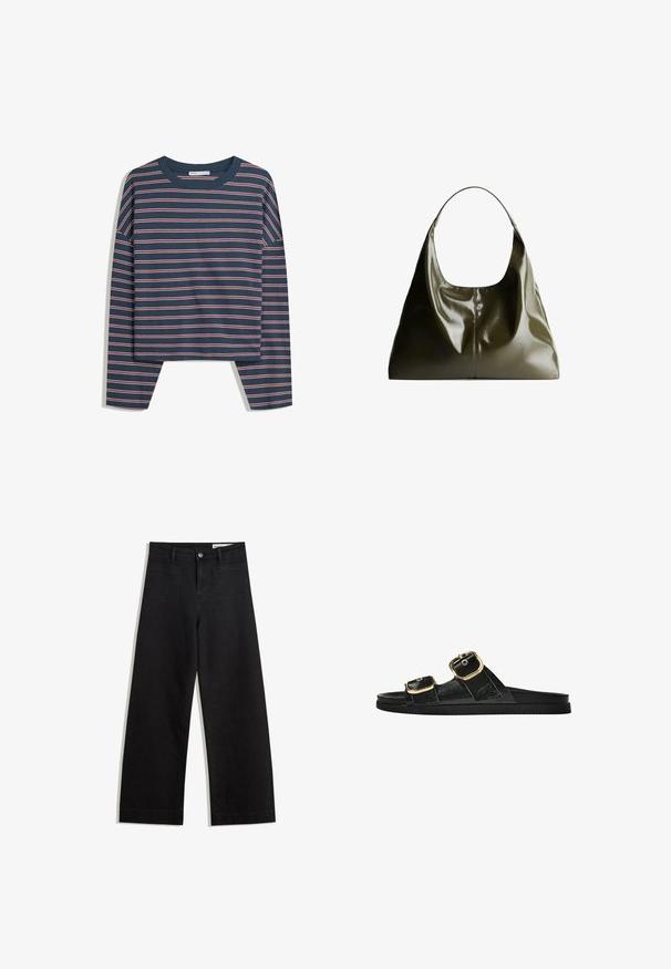 Tricou lung cu mâneci, de culoare marină, cu dungi orizontale albe și roz; guler rotund; croială lejeră; material moale; fante pe laturi la tiv pentru o mișcare ușoară.; Pantaloni din denim negri cu picioare largi, cu talie înaltă, având buzunare frontale și posterioare, cusături dublate și închidere cu nasture. Textură netedă.; Sandalie negre cu toc plat, cu două accente de cataramă aurie, din material texturat neted și design minimalist.; Geantă de umăr din piele de culoare verde măslinie, cu un finisaj neted și lucios. Prezintă un vârf rotunjit și o formă moale, plisată. Design minimalist.