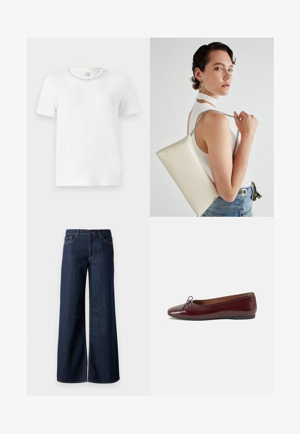 Biela tričko s krátkym rukávom a okrúhlym výstrihom, so zdobným korálkovým golierom. Vyrobené z hladkej, jemnej tkaniny.; Džínsy s širokými nohavicami v tmavomodrom denime. Obsahujú kontrastné prešívanie, päť vreciek a gombíkový zips v oblasti pása. Hladká textúra.; Burgundské lakované balerínky s okrúhlou špičkou, malou mašľou na prednej strane a nízkou čiernou gumovou podrážkou. Hladký povrch.; Biely obdĺžnikový kabelka z lesklého materiálu s strieborným reťazovým popruhom. Model predvádza kabelku na jednotnom pozadí.