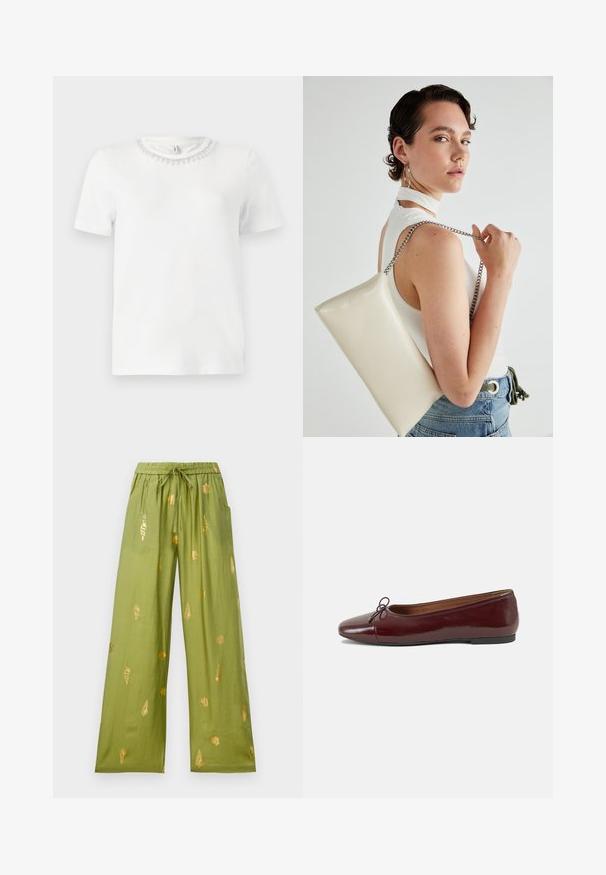 Balta trumpa rankovėmis marškinėliai su apvaliu iškirpimu, puošta dekoratyviu karoliukų apykakle. Pagaminta iš glotnios, minkštos medžiagos.; Plačiai kirpti alyvuogių žalios spalvos kelnės su elastingu juosmeniu ir raišteliu, papuoštos auksinėmis jūros kriauklių ir vijoklių raštais.; Bordo lakiotos odos baleto bateliai su apvalia nosimi, maža kaspinėlio akcentu priekyje ir žema juoda guma padanga. Lygi tekstūra.; Balta, stačiakampio formos rankinė pagaminta iš blizgaus medžiagos, su sidabriniu virvute. Modelis pozavo, demonstruodamas rankinę prieš paprastą foną.