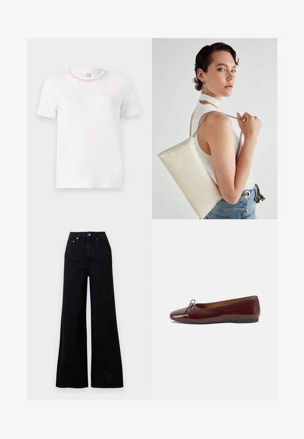 White short-sleeve t-shirt with a round neckline, featuring a decorative beaded collar. Made from smooth, soft fabric.; Black wide-leg jeans made from denim, featuring a high waist, five pockets, front button closure, and minimal stitching details.; Burgundy patent leather ballet flat with a rounded toe, small bow accent at the front, and a low, black rubber sole. Smooth texture.; White rectangular clutch bag made of glossy material, featuring a silver chain strap. Model poses, showcasing the bag against a plain background.
