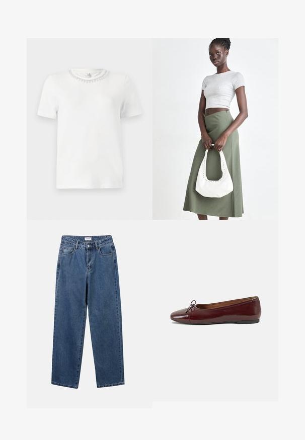 Camiseta blanca de manga corta con cuello redondo, que presenta un collar decorativo de cuentas. Fabricada con una tela suave y lisa.; Jeans de mezclilla azul clásico con un diseño de pierna recta, cinco bolsillos y cierre de botón. Presenta un lavado medio y una textura resistente.; Bailarina de charol burdeos con punta redonda, pequeño lazo en la parte frontal y una suela baja de goma negra. Textura suave.; Top corto de canalé gris y falda de tiro alto verde oliva. La modelo sostiene un bolso de hombro blanco con detalles recortados. Diseño simple, silueta ajustada.