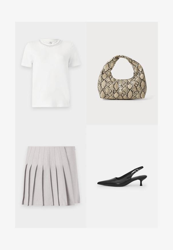 White short-sleeve t-shirt with a round neckline, featuring a decorative beaded collar. Made from smooth, soft fabric.; Gray pleated skirt with a smooth texture, featuring multiple vertical folds and a fitted waistline. Made from lightweight fabric.; Black leather slingback shoe with a pointed toe and a slim, curved heel. Features a discrete adjustable strap with a metal buckle.; Snake-print handbag with a curved handle. Made from textured, beige and brown materials, featuring a distinctive diamond pattern.