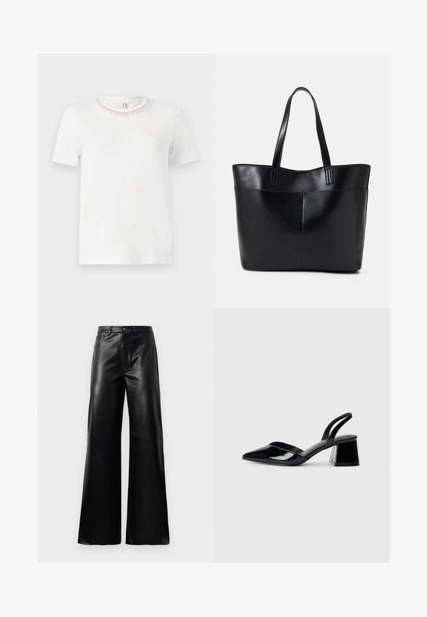 Weißes Kurzarm-T-Shirt mit Rundhalsausschnitt, verziert mit einem dekorativen Perlenkragen. Aus glattem, weichem Stoff gefertigt.; Schwarze leichte, weit geschnittene, hochtaillierte Kunstlederhose mit vorderem Knopf, Reißverschluss, Gürtelschlaufen und Seitentaschen auf weißem Hintergrund.; Schwarze Lackleder-Slingback-High Heels mit spitzem Schuh und einem geometrischen Blockabsatz. Verfügt über ein schlankes, minimalistisches Design und eine glatte Textur.; Schwarze Leder-Shopper-Tasche mit zwei langen Griffen, einer glatten Textur und einer strukturierten Form. Verfügt über eine Vordertasche für zusätzlichen Stauraum.