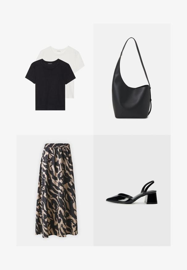 Kaks lühikeste varrukatega T-särki must ja valge. Valmistatud pehmest puuvillast, ümarat kaelust ja standardset sobivust, millel on minimaalne õmblemise detail.; Mustikas ja beež pikk seelik elastse vöökoha ja abstraktsete loomamustritega, voolava siluetiga.; Mustad musta lakknahk kingad, millel on terav varvas ja geomeetriline plokkkonts. Omab elegantselt minimalistlikku disaini ja sujuvat tekstuuri.; Mustast nahast hobo kott, millel on sile tekstuur, kumer kuju ja üks reguleeritav rihm; peal on lai avaus.