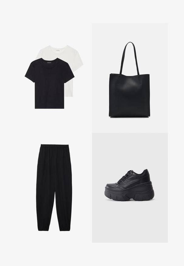 To kortærmede T-shirts i sort og hvid. Lavet af blød bomuld, med rund halsudskæring og standard pasform med minimal syning.; Sort, lette bukser med elastisk talje og sammenfoldede ankler. Stoffet er glat og har et afslappet, indsnævret design.; Sorte snørebåndssneakers med en kraftig sål, der har en glat læderoverdel, rund tå og et markant lagdelt plade-design.; Sort læder tote taske med glat tekstur, rektangulær form og to lange hanke. Ingen synlig hardware eller udsmykninger.