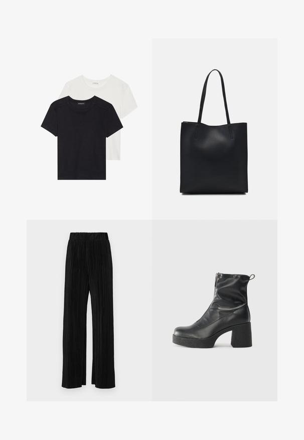 Două tricouri cu mânecă scurtă, în negru și alb. Fabricate din bumbac moale, cu guler rotund și o croială standard, având detalii minime de cusătură.; Pantaloni negri plisati cu talie elastică. Prezintă picioare largi și un material neted, texturat, cu dungi verticale.; Bocanci negri de glezna din piele netedă, cu fermoar lateral, toc texturat și masiv, și design cu vârf rotund.; Geantă tote neagră din piele, cu textură netedă, formă rectangulară și două mânere lungi. Fără hardware vizibil sau ornamente.