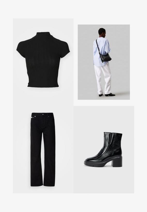 Czarny krótki top wykonany z prążkowanej dzianiny, z wysoką szyją, krótkimi rękawami z mankietem oraz małą metką marki w lewym dolnym rogu.; Czarne dżinsowe spodnie straight-leg z pięcioma kieszeniami, srebrnymi nity i zapięciem na guziki. Materiał ma gładkie, lekko teksturowane wykończenie.; Czarne lakierowane botki za kostkę z zaokrąglonym noskiem, elastycznymi panelami bocznymi i masywnym obcasem blokowym. Posiadają wytłoczone logo z tyłu.; Czarna skórzana torba na ramię o miękkiej fakturze, w kształcie trójkąta, z regulowanym paskiem, połączona z jasnoniebieską koszulą w paski i białymi spodniami.