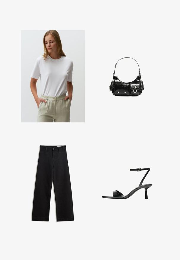Weißes Baumwoll-T-Shirt mit Rundhalsausschnitt und kurzen Ärmeln, kombiniert mit hellgrünen, elastischen Bundhosen mit Knopfdetails.; Schwarze weit geschnittene Jeans mit hoher Taille, ausgestattet mit Vorder- und Hintertaschen, gesteppten Nähten und einem Knopfverschluss. Glatte Textur.; Bershka High Heel Sandalette - black; Schwarze Lackleder-Handtasche mit geschwungenem Design, einem Schulterriemen, Vordertaschen und silberfarbenen Hardware-Akzenten.