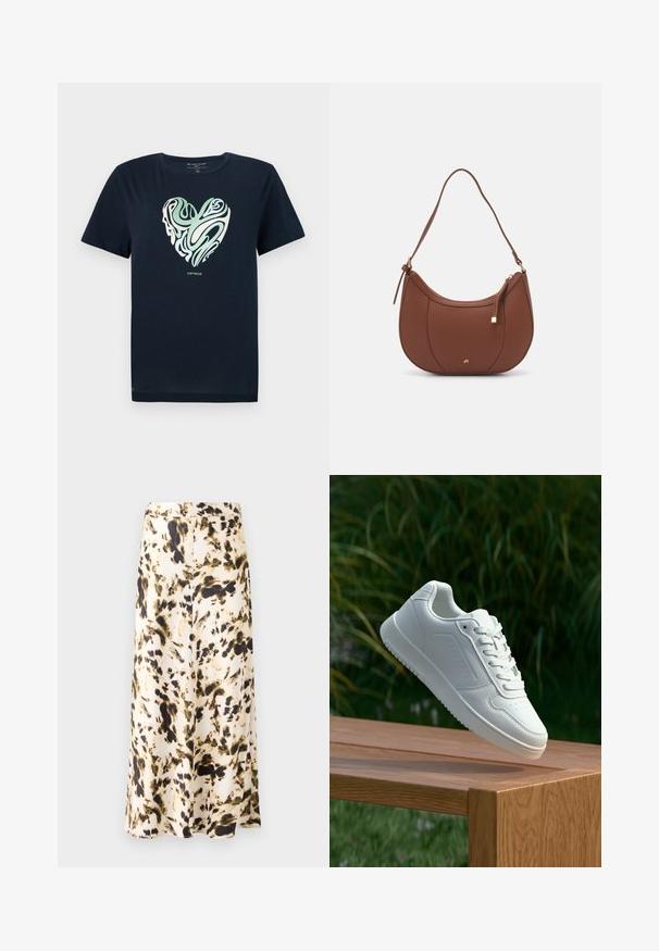 Navy blue cotton T-shirt with a heart-shaped graphic in green and cream swirl patterns. Crew neck, short sleeves, and a straight hem.; A knee-length skirt in a light fabric with a beige, brown, and green abstract pattern. Features a fitted waistband and flowing design.; White sneaker with a smooth synthetic upper, perforated toe box, flat laces, and a textured sole, displayed on a wooden surface.; Brown faux leather shoulder bag with curved shape, minimal stitching, and a gold-tone hardware accent. Features a top zipper closure and adjustable strap.