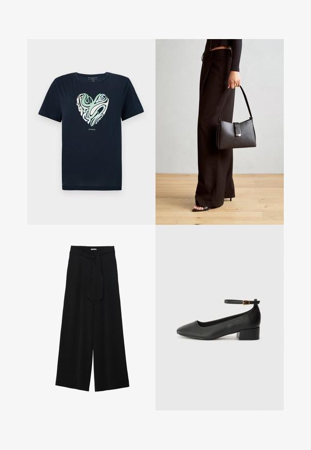 Tumši zils kokvilnas T-krekls ar sirds formas attēlu zaļā un krēmkrāsas vijīgās rakstos. Apaļais kakls, īsas piedurknes un taisns apakšmalis.; Melni platleņķa bikses ar teksturētu audumu, elastīgu jostu un noņemamu siksnu viduklī, kas nodrošina regulējamu piegulšanu.; Melnas ādas sūkņi ar smailu purngalu un zemu bloku papēdi. Iezīmēts ar potītes siksniņu ar zelta krāsas sprādzi. Gluda tekstūra.; Melnā somiņa ar strukturētu formu, gludu tekstūru un metālu sprādzi. Saskaņota ar platām melnām biksēm un sandālēm ar atvērtu purngalu uz koka grīdas.