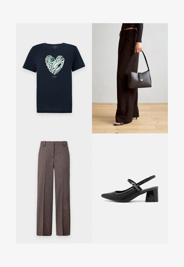 Camiseta de algodón azul marino con un gráfico en forma de corazón en patrones en espiral verde y crema. Cuello redondo, mangas cortas y dobladillo recto.; Pantalones de pierna ancha marrones hechos de una tela texturizada. Cuenta con dos bolsillos frontales y un ajuste entallado con dos botones en la cintura.; Tacones slingback de charol negro con punta afilada, un diseño de corte redondeado y tacón bloque. Incluye un detalle de hebilla en tono dorado.; Bolso negro con forma estructurada, textura suave y un cierre metálico. Combinado con pantalones anchos negros y sandalias de dedo en un suelo de madera.
