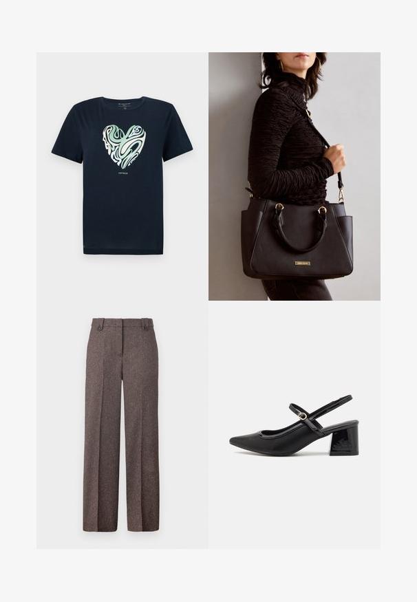 Granatowa bawełniana koszulka z nadrukiem w kształcie serca w zielono-kremowe wiry. Okokrągły dekolt, krótkie rękawy i prosty dół.; Brązowe spodnie z szerokimi nogawkami wykonane z teksturowanej tkaniny. Posiadają dwie przednie kieszenie oraz dopasowany krój z dwoma guzikami w pasie.; Czarne lakierowane czółenka na słupku ze spiczastym noskiem, lekko zaokrąglonym wycięciem i obcasem w kształcie bloku. Posiadają złotą klamrę jako akcent dekoracyjny.; Czarna torebka z teksturowanej powierzchni, podwójnymi uchwytami na górze i regulowanym paskiem na ramię. Posiada złote okucia i boczne kieszenie.