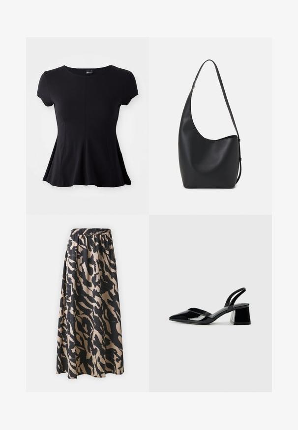 Svart t-skjorte med korte ermer og rund hals, med en utsvingt silhuett og glatt stoff. Midtseam-detalj fremhever designet.; Svart og beige lang skjørt med elastisk midjebånd, med et abstrakt dyremønster og en flytende silhuett.; Svarte patentlær slingback hæler med spiss tå og geometrisk blokk hæl. Har et stilrent, minimalistisk design og jevn tekstur.; Svart lær hobo-veske med glatt tekstur, buet form og enkelt justerbart stropp; har en bred åpning på toppen.