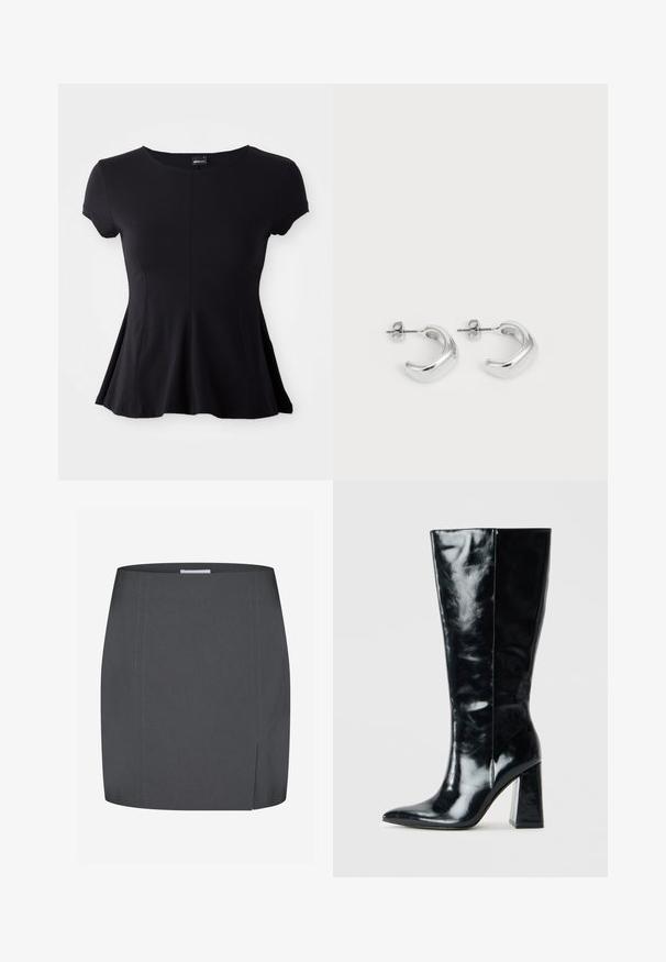 Fekete, rövid ujjú top kerek nyakkivágással, rézsutos sziluettel és sima anyaggal. A középső varrás részlet kiemeli a dizájnt.; Envii SPLIT - Ceruzaszoknya - grey; Fekete, magas csizma fényes bőrből, hegyes orral és sima textúrájú, vastag geometrikus sarokkal.; Ezüst karika fülbevalók sima, fényes felülettel. Kerek forma, enyhén ívelt dizájnnal és összemosott szélekkel. Rögzítő csattal.