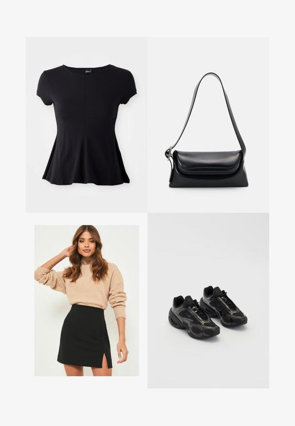 Must mustusega lühikeste varrukatega topp ümmarguse kaelusega, flared siluetiga ja siledast kangast. Keskmine õmbluse detail täiustab disaini.; Beežist kudumistükk, millel on ribitud varrukad, on kombineeritud musta mini seeliku ja külglohkuga. Riietus omab vabalt voolavat, kuid samas figuuri rõhutavat siluetti.; Mustad musta värvi spordijalatsid sünteetilisest materjalist, võrgusilmaga detailidega ja ümarate taldadega. Omab paeltesüsteemi ja väljapaistvat Nike logo keelel.; Mustriga musta nahast käekott, millel on struktuurne kuju, sile tekstuur ja üks õlarihm. Omab peent, ümarat klappi.; Hõbedane Casio kvarts kell, millel on ristkülikuline nägu, analoog- ja digitablood, roostevabast terasest rihm ning veekindlad omadused.