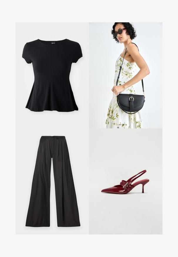 Top preto de manga curta com decote redondo, silhueta evasê e tecido suave. O detalhe da costura central realça o design.; Calças de perna larga feitas de um tecido preto liso. Apresentam pregas verticais, fecho com botão e um design de cintura alta. Estilo minimalista.; Sapatos de salto slingback em verniz vermelho, com bico fino, duas tiras com fivela e um salto stiletto fino de altura média. Textura suave.; Bolsa de couro preta com forma curva, alça destacável e detalhes em dourado. A bolsa possui uma aba com detalhe de fivela.