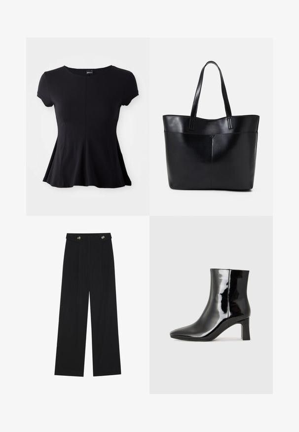 Svart t-skjorte med korte ermer og rund hals, med en utsvingt silhuett og glatt stoff. Midtseam-detalj fremhever designet.; Svart vide bukser med høy midje, knappdetaljer på midjebåndet og frontplisser.; Sorte patentlær ankle boot med spiss tå og en mellomhøy blokkhelt. Glatt tekstur og minimalistisk design.; Svart lær toteveske med to lange håndtak, en glatt tekstur og en strukturert form. Har en frontlomme for ekstra oppbevaring.