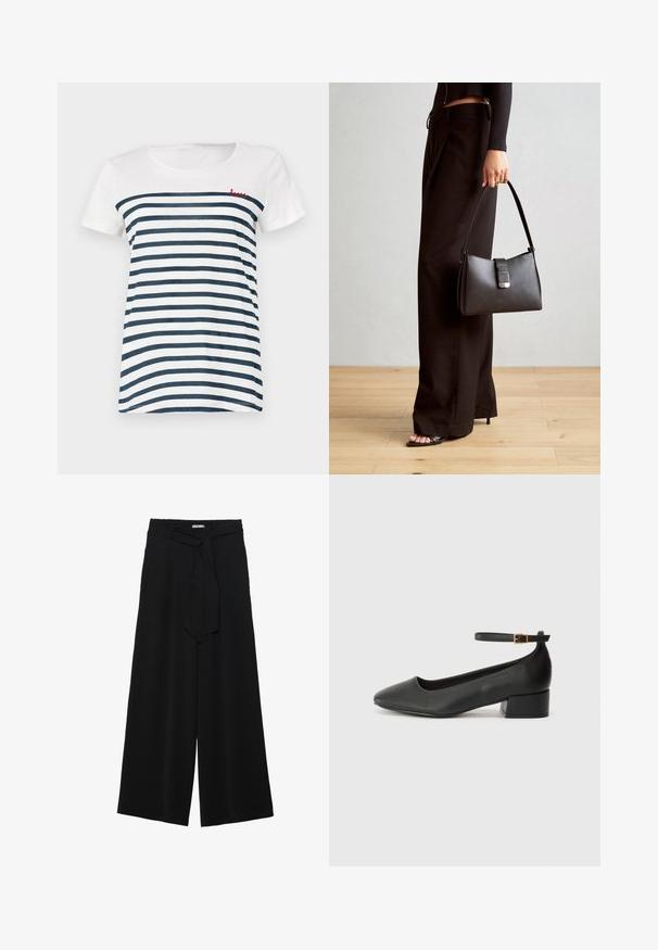 Svītrota īsām piedurknēm t-kreklā baltā un tumši zilā krāsā. Iezīmē apaļu kakla izgriezumu un sarkanu izšuvumu "mīlestība" augšējā kreisajā pusē. Mīksts materiāls.; Melni platleņķa bikses ar teksturētu audumu, elastīgu jostu un noņemamu siksnu viduklī, kas nodrošina regulējamu piegulšanu.; Melnas ādas sūkņi ar smailu purngalu un zemu bloku papēdi. Iezīmēts ar potītes siksniņu ar zelta krāsas sprādzi. Gluda tekstūra.; Melnā somiņa ar strukturētu formu, gludu tekstūru un metālu sprādzi. Saskaņota ar platām melnām biksēm un sandālēm ar atvērtu purngalu uz koka grīdas.