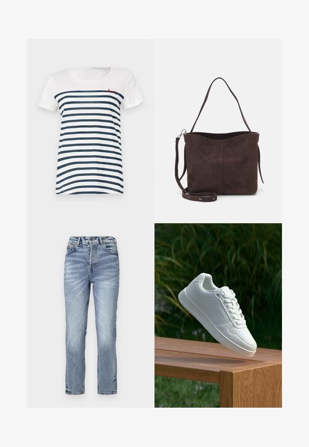 Camiseta de manga corta a rayas en blanco y azul marino. Presenta un cuello redondo y "love" bordado en rojo en la parte superior izquierda. Material suave.; Jeans de mezclilla azul claro con ajuste recto, cintura alta, textura desgastada y cinco bolsillos. Presenta cierre de botón metálico y cremallera.; Zapatilla blanca con un upper sintético suave, caja de dedos perforada, cordones planos y una suela texturizada, exhibida sobre una superficie de madera.; Bolso tote de ante marrón con una textura suave, que presenta una sola correa para el hombro y una sutil apertura curva en la parte superior. Sin detalles de herrajes visibles.