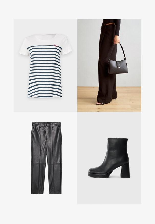 Gestreepte t-shirt met korte mouwen in wit en marineblauw. Heeft een ronde halslijn en een rode geborduurde "love" op de bovenste linkerkant. Zacht materiaal.; Zwarte leren broeken met een gladde textuur, voorzien van een rechte pasvorm, twee voorzakken en zichtbare naaddetail.; Zwarte leren enkelboot met een blokhak en platformzool, zijaanzicht op een effen witte achtergrond.; Zwarte handtas met gestructureerde vorm, gladde textuur en een metalen sluiting. Gecombineerd met brede zwarte broeken en sandalen met open teen op een houten vloer.