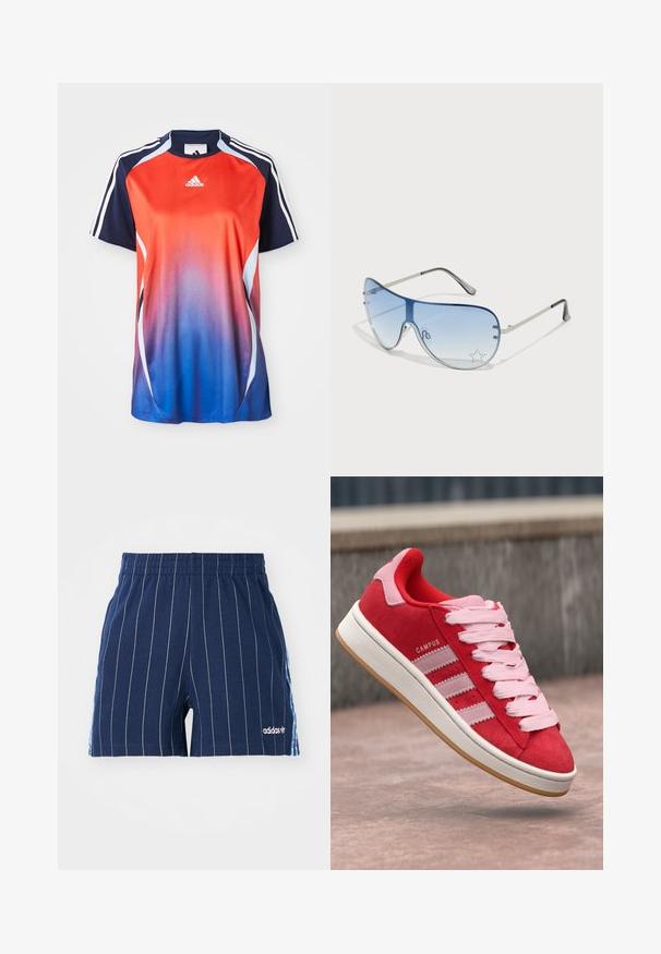 Camisola esportiva de manga curta da Adidas com um degradê que vai de vermelho a azul, com detalhes em azul-marinho e riscas brancas ao longo dos ombros.; Calções azul marinho com riscas brancas, cintura elástica e logótipo Adidas. Possui pormenores azuis nas laterais, feitos em material de mistura de algodão.; Sapatilha vermelha em camurça com detalhes em rosa, apresentando três riscas brancas e atacadores rosa claro. Meio solado branco e sola em borracha tipo goma.; Óculos de sol aviador com lentes azuis em degradê, armação metálica prateada e detalhes decorativos de estrelas nas lentes. Design suave e elegante.