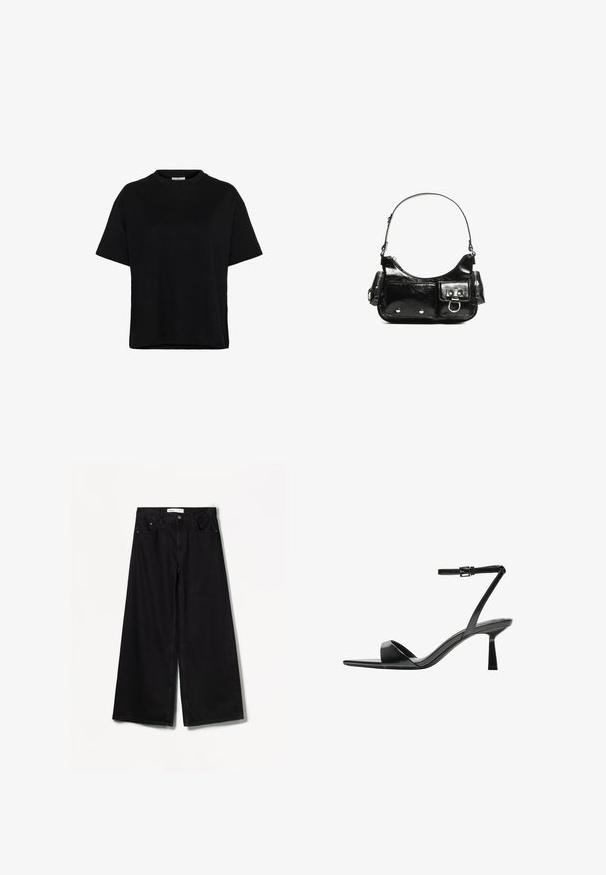 Black short-sleeve T-shirt made of cotton, featuring a crew neckline, relaxed fit, and side slits at the hem for added movement.; Bershka WIDE-LEG - Wide Leg - black; Bershka High heeled sandals - black; Black patent leather handbag with a curved shape, one shoulder strap, front pockets, and silver-tone hardware accents.