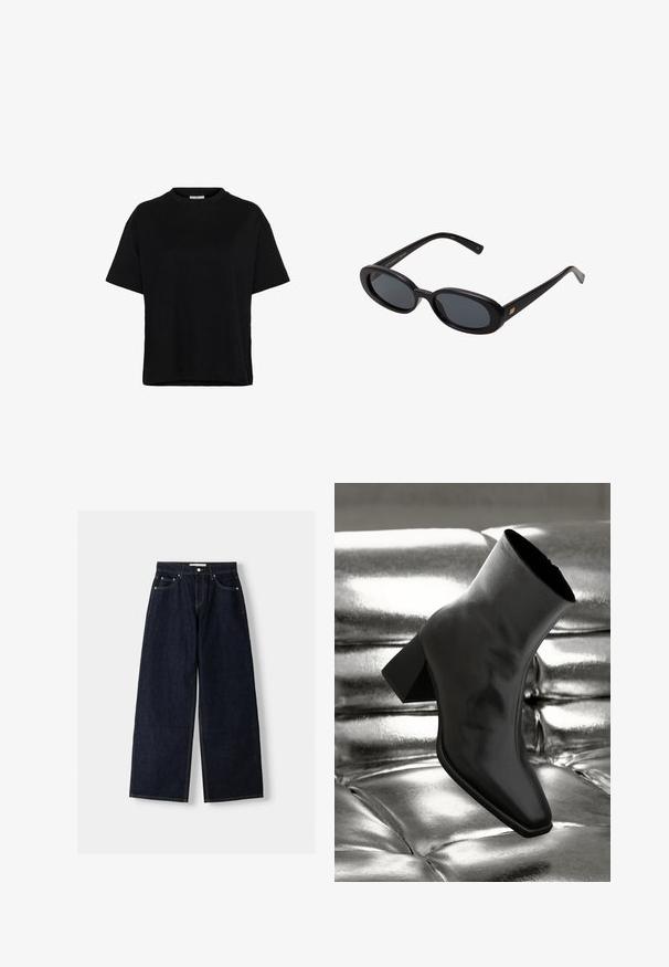 Mustat lyhythihaiset T-paidat, jotka on valmistettu puuvillasta ja joissa on pyöreä kaula-aukko, rento istuvuus sekä sivurei'ät helmassa liikkumisen lisäämiseksi.; Tummansiniset farkut, joissa on leveät lahkeet ja korkea vyötärö, viisi taskua, kontrastiväriset saumat ja hopeiset metalliosat. Sileä pinta ja siisti viimeistely.; Musta nilkkuri, joka on valmistettu kiiltävästä materiaalista, jossa on neliömäinen kärki ja kapeahko kanta, asetettuna kiiltävän hopean tuftatun taustan eteen.; Mustat ylisuuruiset aurinkolasit, jotka ovat soikeat linssit, sileä muovikehys ja kultaiset korostukset temppeleissä. Tummat linssit tarjoavat suojaa auringolta.