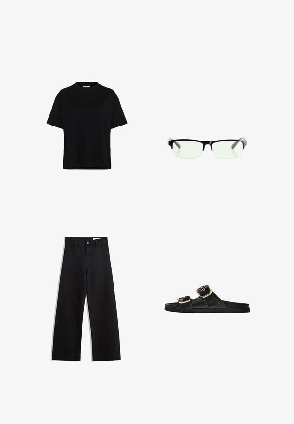 Schwarzes T-Shirt mit kurzen Ärmeln aus Baumwolle, mit rundem Halsausschnitt, lockerer Passform und seitlichen Schlitzen am Saum für mehr Bewegungsfreiheit.; Schwarze weit geschnittene Jeans mit hoher Taille, ausgestattet mit Vorder- und Hintertaschen, gesteppten Nähten und einem Knopfverschluss. Glatte Textur.; Schwarze Riemensandale mit zwei goldenen Schnallendetails, glattem Material, flachem Sohlen und minimalistischer Gestaltung.; Schwarze rechteckige Brille mit klaren Gläsern, ausgestattet mit schlanken schwarzen Rahmen und grauen transparenten Bügelspitzen. Minimalistisches Design, keine sichtbare Markenkennzeichnung.
