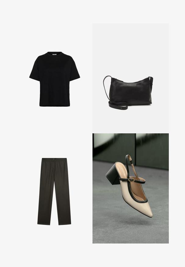 Black short-sleeve T-shirt made of cotton, featuring a crew neckline, relaxed fit, and side slits at the hem for added movement.; Dark green, wide-legged trousers with a smooth texture, elastic waistband, and side pockets. Simple design with no visible patterns or hardware.; Beige pointed-toe slingback shoe with black trim, gold buckle, and a chunky block heel on gray floor with dark green background.; Black leather shoulder bag with a smooth texture, curved shape, adjustable strap, and a zip closure. Minimalist design without embellishments.