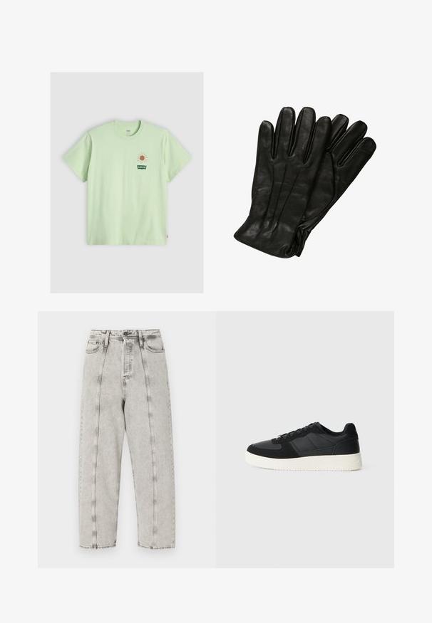 Šviesiai žalia medvilninė marškinėliai su trumpomis rankovėmis, apvaliu kaklu. Puošia saulės grafika šviesiai oranžinės spalvos ir žalia Levi's logotipas kairėje krūtinės pusėje.; Pilka aukšta juosmens džinsai su laisvu siluetu, tiesios kojų dizainas, matoma siūlė ir nusidėvėjusi tekstūra.; Juodos žemos kedai iš tekstūruotos odos ir zamšo plokštelių, su balta guma priekiu ir juodomis raištelėmis ant vientiso šviesaus fono.; Juodos odinės pirštinės su lygiu paviršiumi, penkiomis pirštų dalimis ir subtiliais siuvinėjimo akcentais. Klasikinis dizainas, tinkantis šaltu oru.