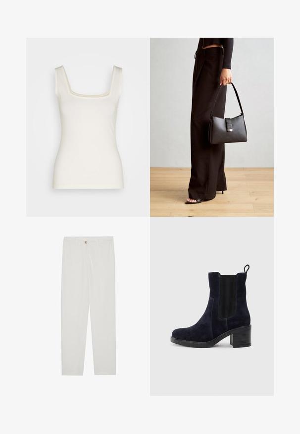 Crème-kleurige tanktop met een vierkante halslijn, smalle bandjes en een aansluitende pasvorm. Gemaakt van zachte, rekbare stof. Geen patronen of accenten.; Witte, op maat gemaakte broek met een rechte pijpdesign, featuring een knoopsluiting, riemlussen en zijzakken; gladde stoftextuur.; Marineblauwe suède enkellaars met elastische zijpaneel, ronde neus en blokhak. Gemêleerd weefsel en een gladde zool voegen contrast toe.; Zwarte handtas met gestructureerde vorm, gladde textuur en een metalen sluiting. Gecombineerd met brede zwarte broeken en sandalen met open teen op een houten vloer.