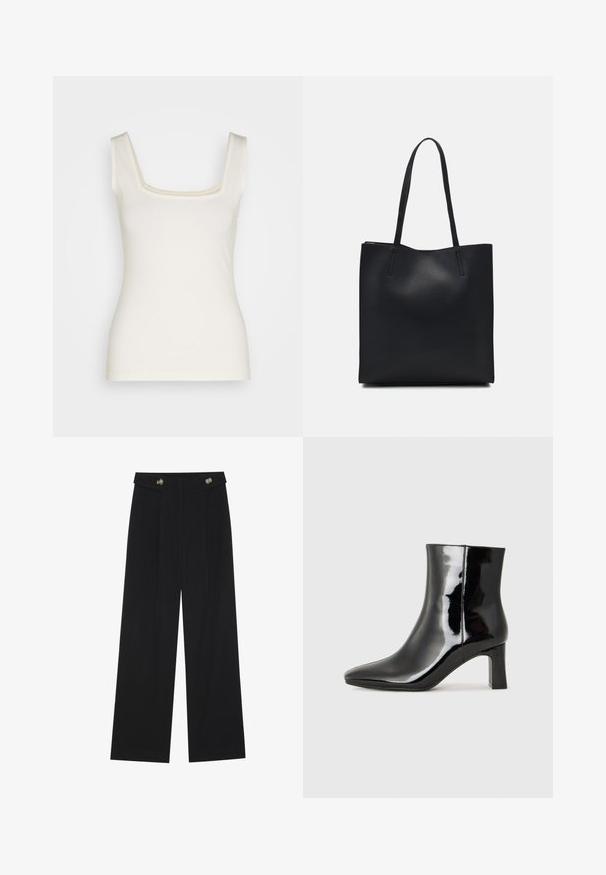 Cream-colored tank top with a square neckline, narrow straps, and a fitted silhouette. Made of soft, stretchy fabric. No patterns or accents.; Black wide-leg trousers with high waist, button details on waistband, and front pleats.; Black patent leather ankle boot with a pointed toe and a mid-height block heel. Smooth texture and minimalist design.; Black leather tote bag with smooth texture, rectangular shape, and two long handles. No visible hardware or embellishments.