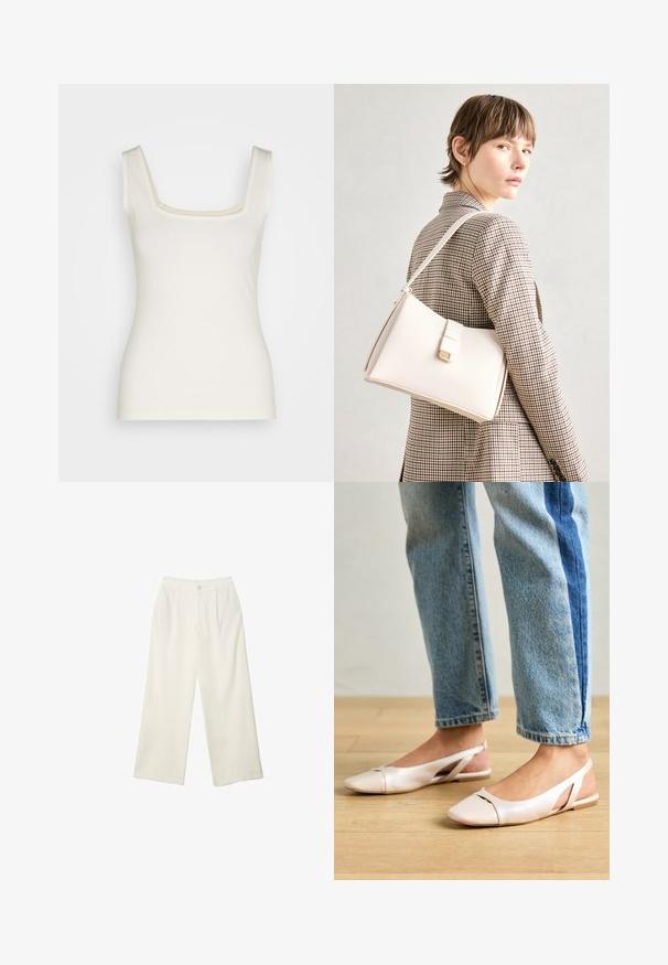 Kremasti top bez rukava s kvadratnim dekolteom, uskim trakama i prilagođenim siluetom. Izrađen od mekog, rastezljivog materijala. Bez uzoraka ili ukrasa.; Hlače širokih nogavica od kremaste tkanine s glatkom teksturom, s jednim prednjim gumbom, suptilnim plitvicama i visokim strukom.; Svijetlo ružičaste slingback balerinke s šiljastim vrhom, izrađene od glatkog materijala nalik koži. Sadrže izrezane detalje sa strane i ravnu petu.; Bijela kožna torba s čvrstim dizajnom, s magnetskim kopčanjem i remenom za rame, prikazana na neutralnoj pozadini.