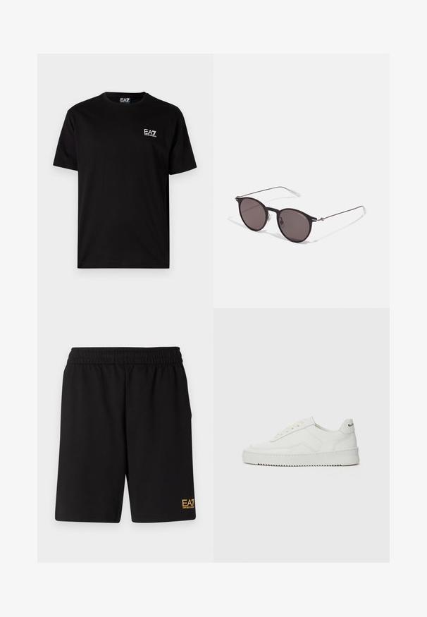Svart bomull t-skjorte med korte ermer, rund hals og liten hvit EA7-logo på venstre bryst. Glatt tekstur, vanlig passform.; Sorte treningsshorts laget av mykt stoff, med elastisk midje og en liten gul EA7-logo nederst på venstre ben.; Hvite lærersneakers med en jevn overflate, rund tå, flate lisser og en teksturert såle. Har en subtil logo på hælen.; Sorte, runde solbriller med mørke linser og slanke metalarmer. Inkluderer klare temple tips og sølvfargede detaljer ved hengslet. Minimalistisk design.